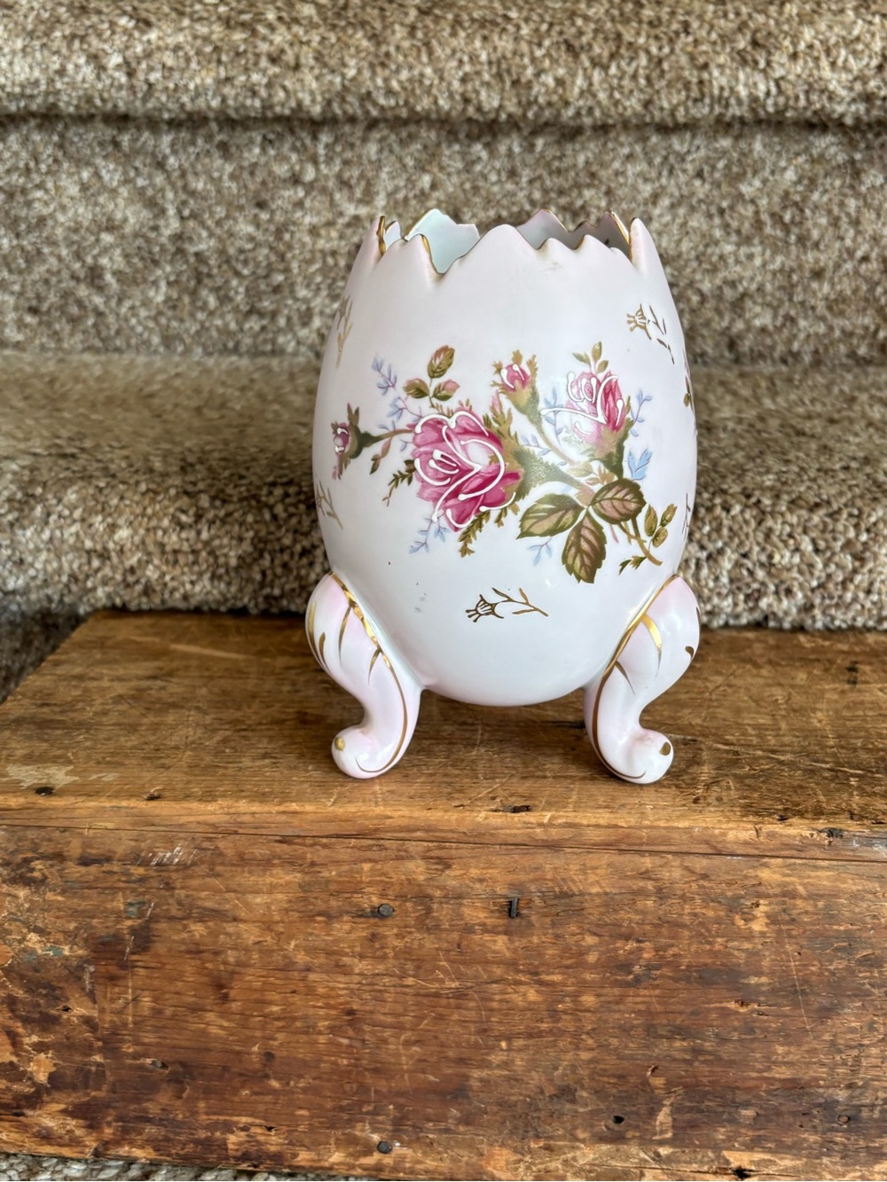 Vintage Floral Pink Egg-Shaped Porcelain Accent Vase